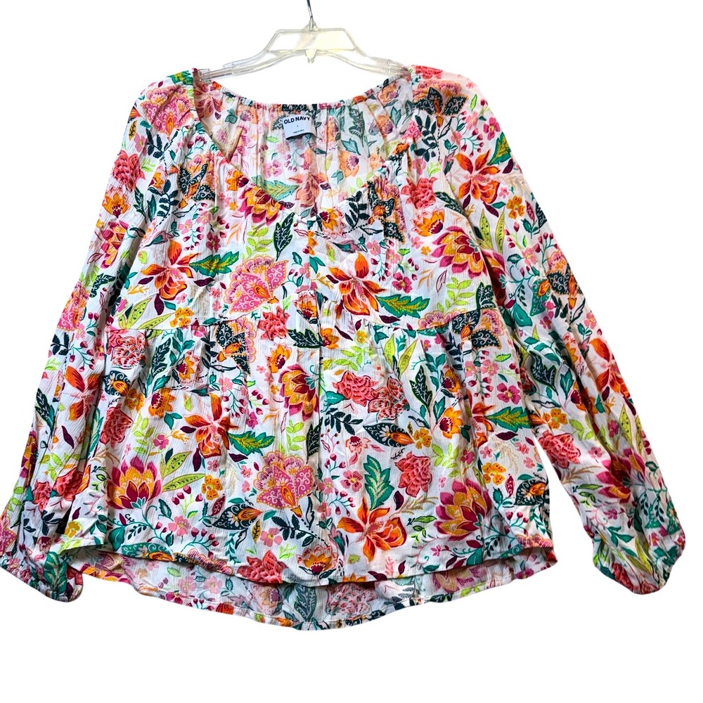 Old Navy Women's Large Floral Print Peasant Blouse Long Sleeve Gauze Viscose NWT
